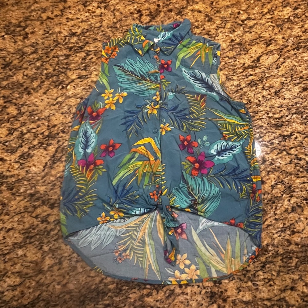 Beach lunch lounge Blue Tropical Floral Sleeveless Tie Front Top Small Viscose